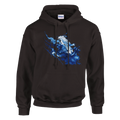 Blue Matter Hoodie in Dark Chocolate, Vorderansicht mit diagonalem Kunstmotiv in Kobaltblau, Eisblau und Weiß auf der Brust.