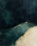 The Still Horizon: abstraktes Motiv in Mitternachtsblau, Petrol, Smaragdgrün und Ivory mit geschwungener goldbronzener Fuge.