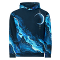 Lunar Current Hoodie, Vorderansicht mit Mondsichel und abstrakten Tintenstrukturen in Petrol, Dunkelblau und Eisblau.