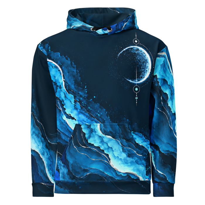 Lunar Current Hoodie, Vorderansicht mit Mondsichel und abstrakten Tintenstrukturen in Petrol, Dunkelblau und Eisblau.