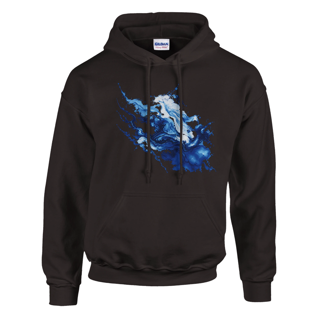Blue Matter Hoodie in Dark Chocolate, Vorderansicht mit diagonalem Kunstmotiv in Kobaltblau, Eisblau und Weiß auf der Brust.