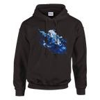 Blue Matter Hoodie in Dark Chocolate, Vorderansicht mit diagonalem Kunstmotiv in Kobaltblau, Eisblau und Weiß auf der Brust.