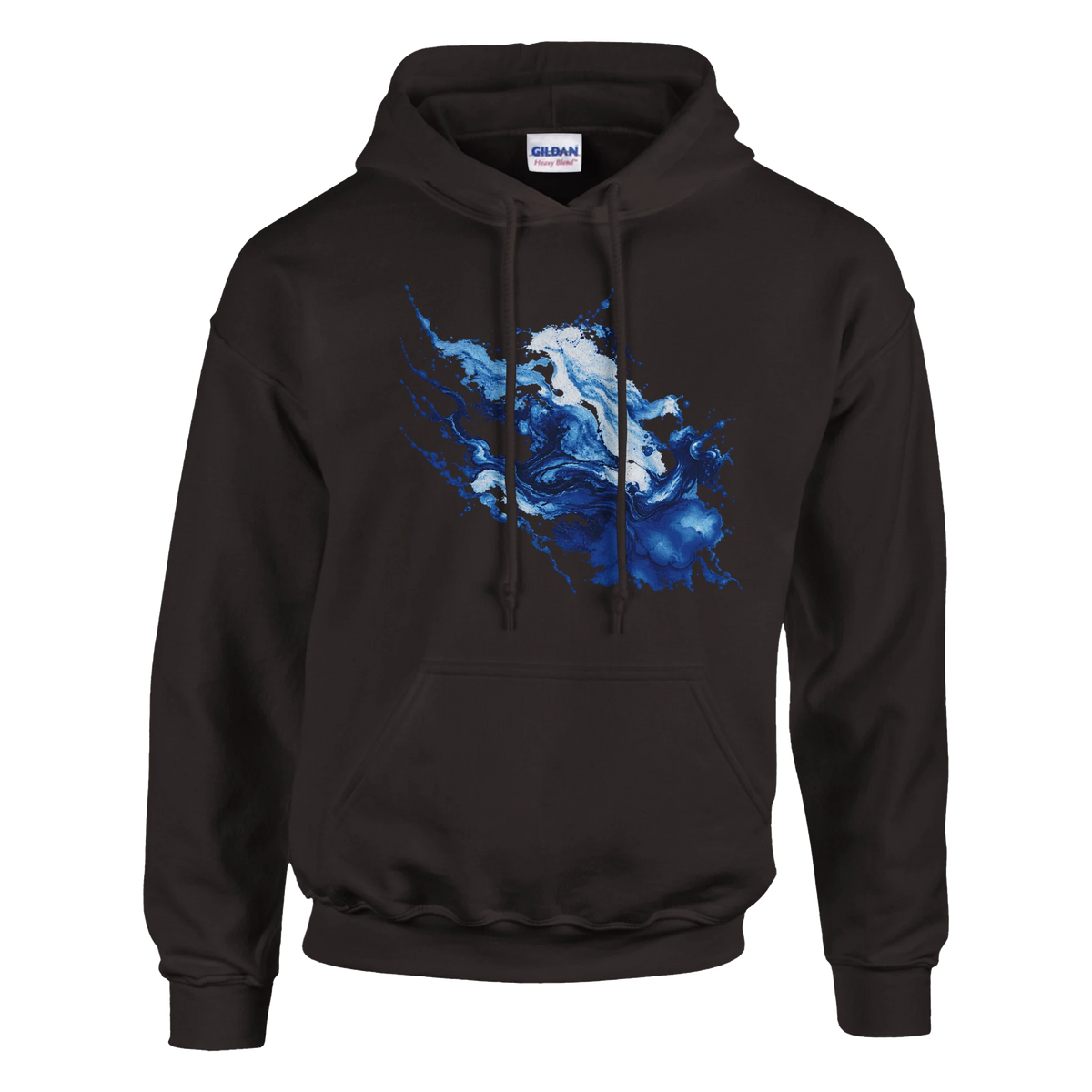 Blue Matter Hoodie in Dark Chocolate, Vorderansicht mit diagonalem Kunstmotiv in Kobaltblau, Eisblau und Weiß auf der Brust.