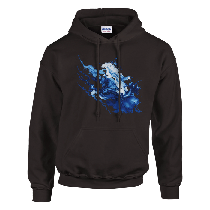Blue Matter Hoodie in Dark Chocolate, Vorderansicht mit diagonalem Kunstmotiv in Kobaltblau, Eisblau und Weiß auf der Brust.