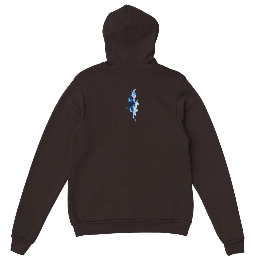 Blue Matter Hoodie in Dark Chocolate, Rückenansicht mit kleinem, vertikalem blau-weißem Kunstmotiv unter der Kapuze.