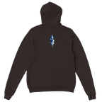 Blue Matter Hoodie in Dark Chocolate, Rückenansicht mit kleinem, vertikalem blau-weißem Kunstmotiv unter der Kapuze.