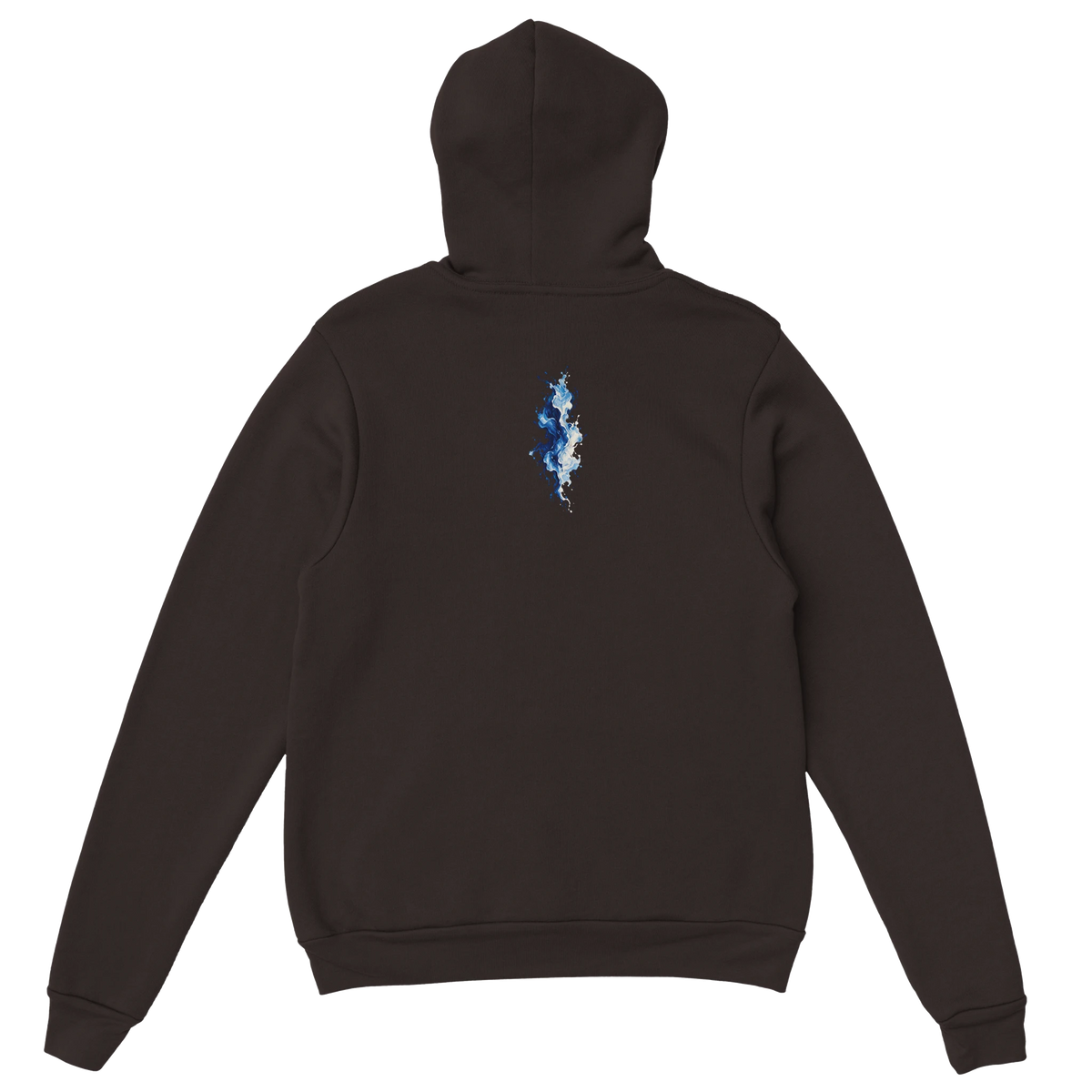 Blue Matter Hoodie in Dark Chocolate, Rückenansicht mit kleinem, vertikalem blau-weißem Kunstmotiv unter der Kapuze.
