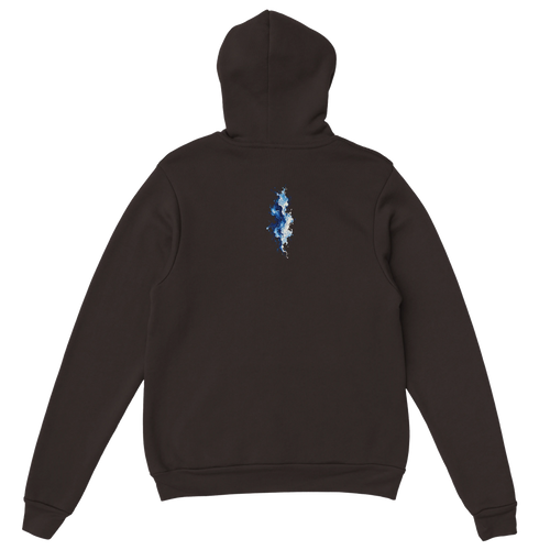 Blue Matter Hoodie in Dark Chocolate, Rückenansicht mit kleinem, vertikalem blau-weißem Kunstmotiv unter der Kapuze.