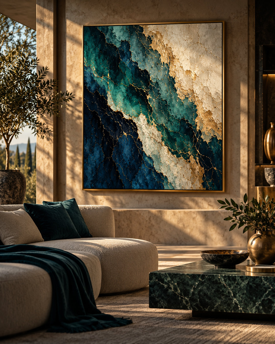 BirdieWorld wall art tile with teal navy ivory and gold artwork in a luxury interior