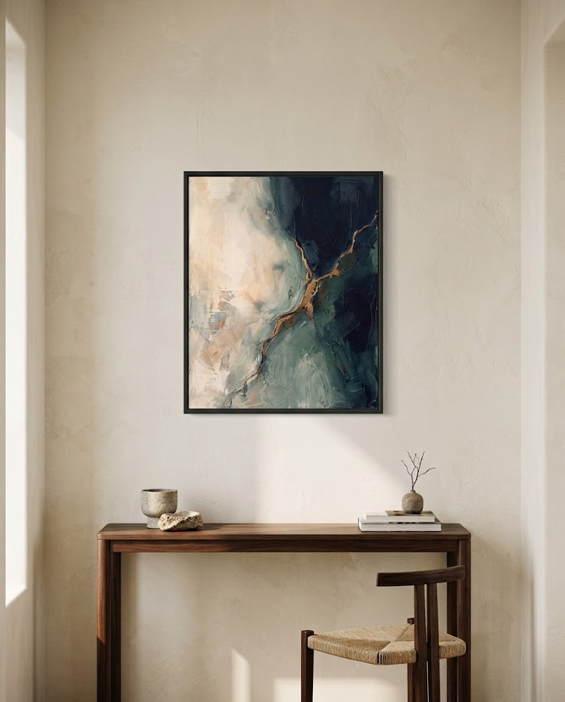 The First Light in 40 × 50 cm über einem Holzschreibtisch an heller Wand; illustrative Raumansicht, Rahmen nicht enthalten.