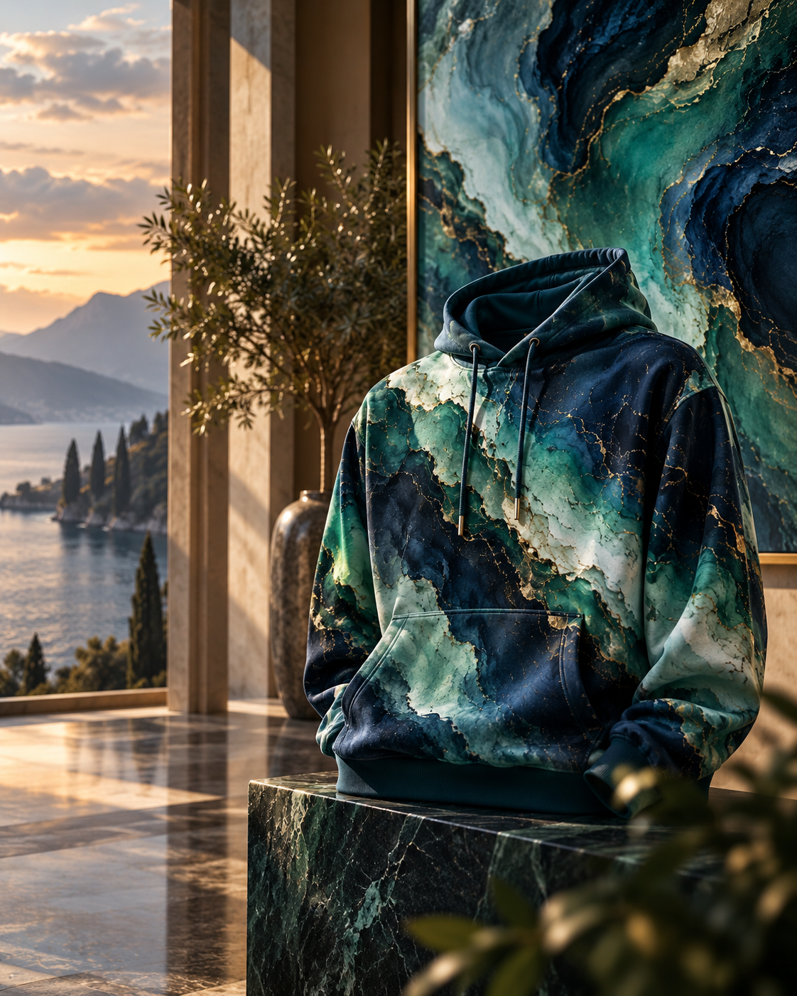 BirdieWorld wearable art hoodie in a blue green luxury interior