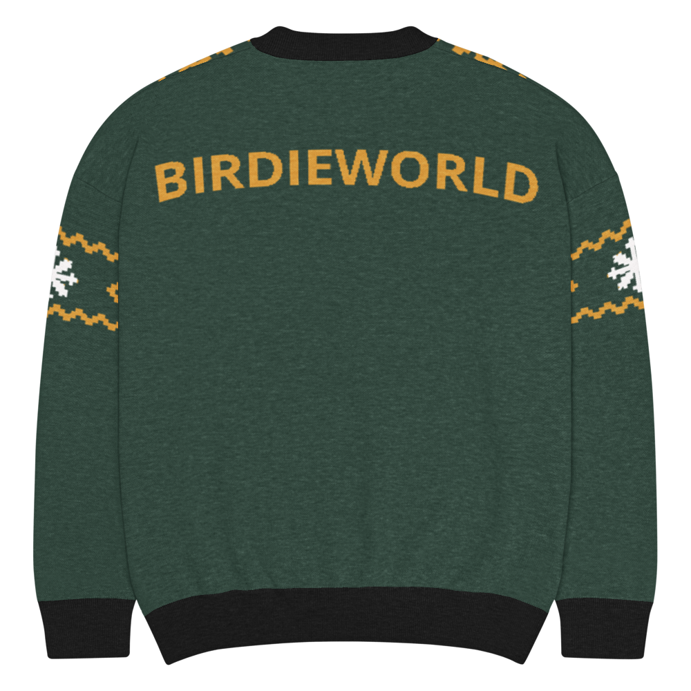 Winter Fairway Strickpullover, Rückenansicht in Kiefergrün mit goldfarbenem BIRDIEWORLD-Schriftzug und gemusterten Ärmeln.