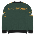 Winter Fairway Strickpullover, Rückenansicht in Kiefergrün mit goldfarbenem BIRDIEWORLD-Schriftzug und gemusterten Ärmeln.