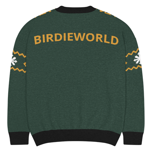 Winter Fairway Strickpullover, Rückenansicht in Kiefergrün mit goldfarbenem BIRDIEWORLD-Schriftzug und gemusterten Ärmeln.