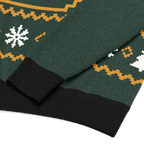 Winter Fairway, Nahaufnahme von Jacquard-Strick, weißen Schneeflocken, goldfarbenen Musterbändern und schwarzen Bündchen.