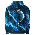 Lunar Current Hoodie, Rückenansicht mit großem Mond, feinen Kreislinien und abstrakten blauen Farbströmen.