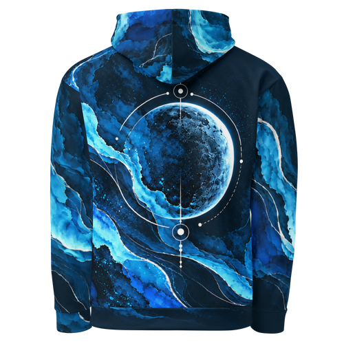 Lunar Current Hoodie, Rückenansicht mit großem Mond, feinen Kreislinien und abstrakten blauen Farbströmen.