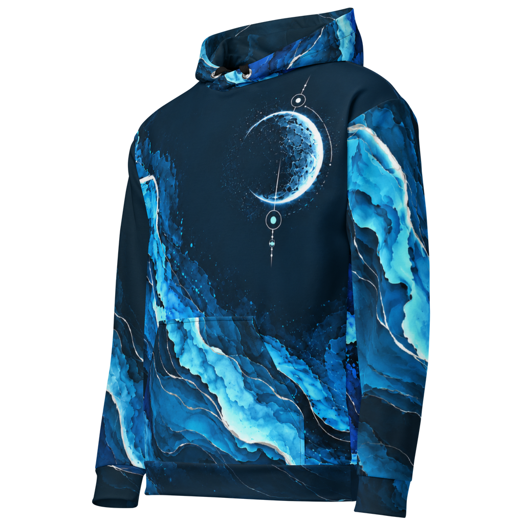 Lunar Current Hoodie von links vorn: Mondsichel auf der Brust und blaue Tintenstrukturen auf Ärmel und Kängurutasche.