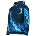 Lunar Current Hoodie von links vorn: Mondsichel auf der Brust und blaue Tintenstrukturen auf Ärmel und Kängurutasche.