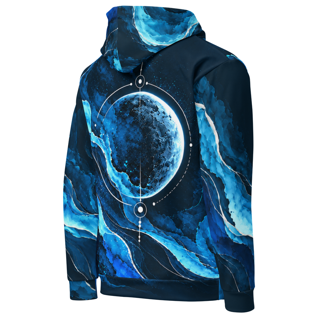 Lunar Current Hoodie von rechts hinten: großes Mondmotiv am Rücken und blaue Tintenstrukturen auf Ärmel und Kapuze.