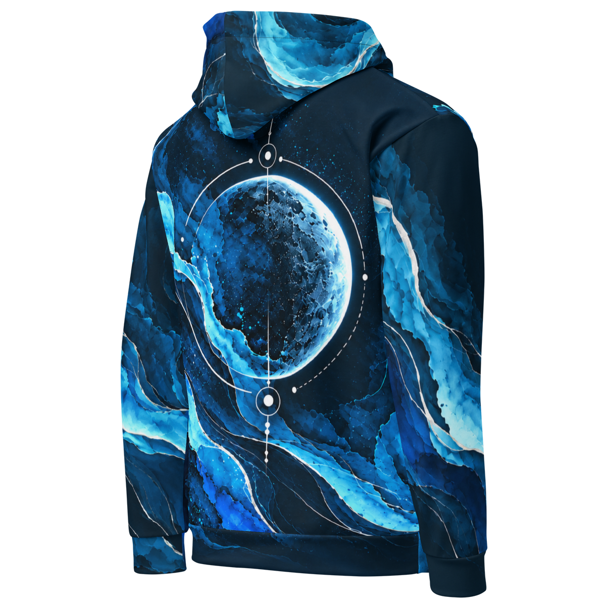 Lunar Current Hoodie von rechts hinten: großes Mondmotiv am Rücken und blaue Tintenstrukturen auf Ärmel und Kapuze.